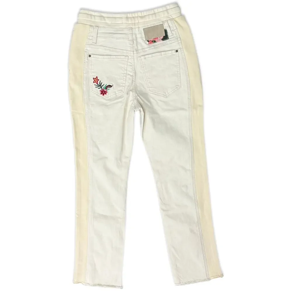 Desigual Cream Ecru Floral Embroidered Jogger Lita Raw Hem Jeans size S NEW Tags - Picture 3 of 12